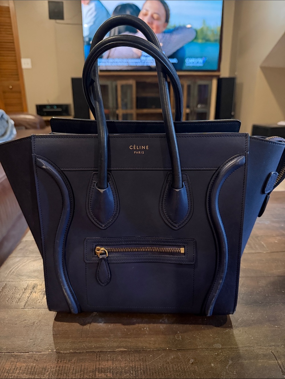 Celine Navy Blue Mini Luggage Tote with Gold Hardware